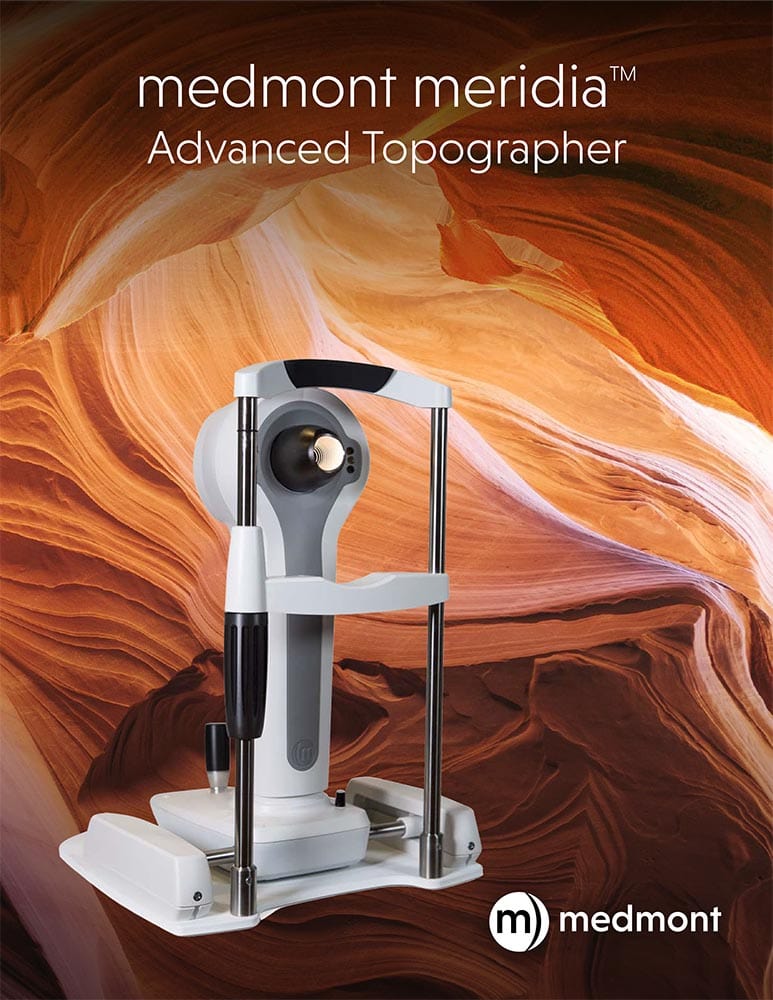 A White Medmont Meridia™ Advanced Topographer, Rivaling Nidek'S Precision, Is Displayed Against A Background Resembling Abstract Natural Rock Formations In Reddish-Brown And Orange Hues. The Medmont Logo Is Visible In The Bottom Right Corner.