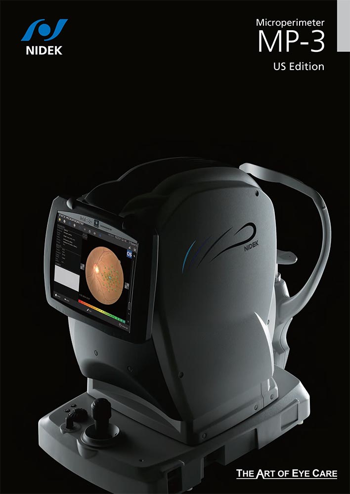A Dark Background Features A Nidek Microperimeter Mp-3, A Medical Device For Eye Care, With A Screen Displaying An Eye Scan Image. The Text Reads “Nidek, Microperimeter Mp-3, Us Edition, The Art Of Eye Care.”