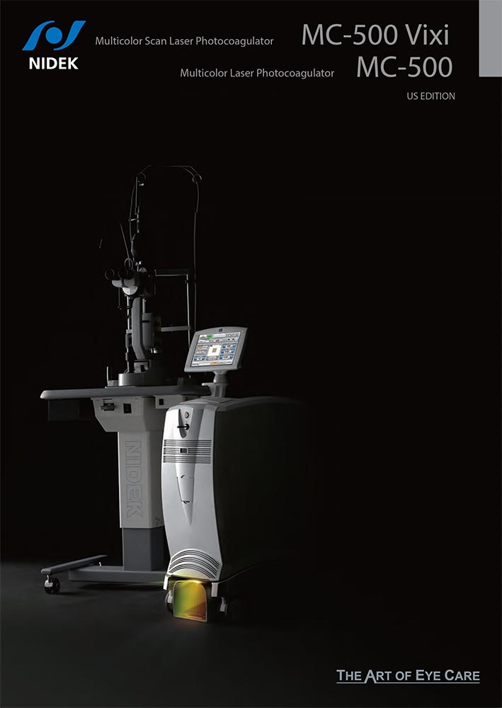 Advertisement For The Nidek Multicolor Scan Laser Photocoagulator Mc-500 Vixi Us Edition. The Image Highlights This Advanced Medical Equipment In A Sleek, Dark Setting, With The Nidek Logo And The Text “The Art Of Eye Care” Elegantly Displayed At The Bottom Right Corner.