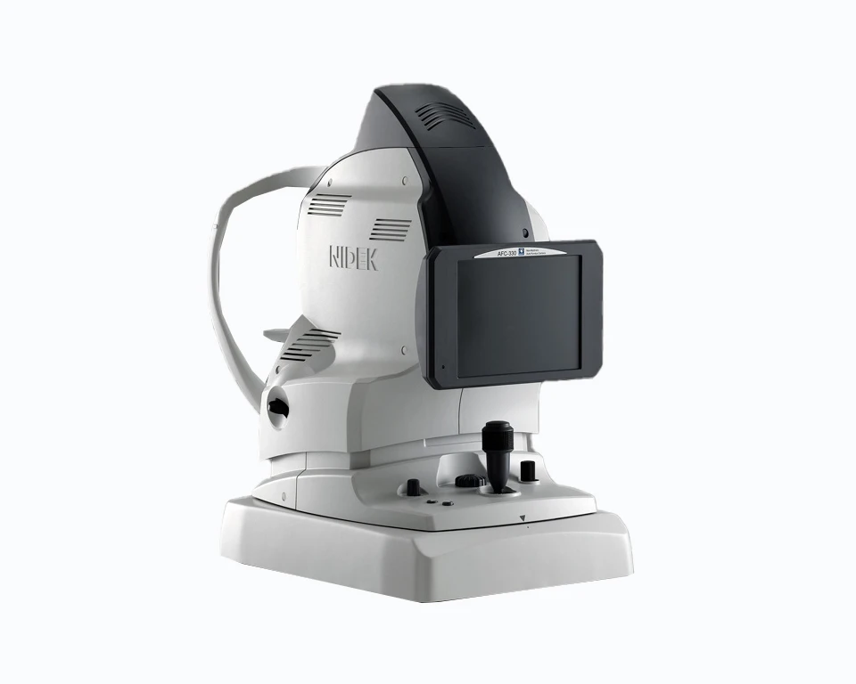 An Image Of An Advanced Optometry Device, Specifically A Nidek Retinal Camera Or Optical Coherence Tomography (Oct) Machine. It Features A Gray Base, A Sturdy Mechanical Build, And A Black Screen For Displaying Images.