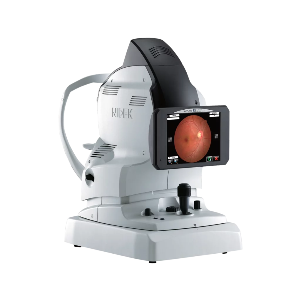A Medical Imaging Device Used For Retinal Scanning, The &Quot;Nidek&Quot; Features A White Body With A Black Cap And A Display Screen Showing An Image Of An Eye'S Retina. It Boasts Various Controls And Adjustment Knobs On Its Base For Precision.