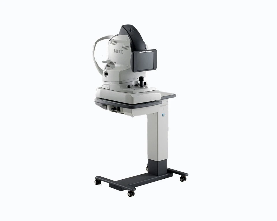 An Ophthalmic Diagnostic Machine Branded Nidek With A Screen And Various Controls, Mounted On A Height-Adjustable Wheeled Stand. The Device Appears To Be Used For Eye Examinations Or Imaging In A Medical Setting.