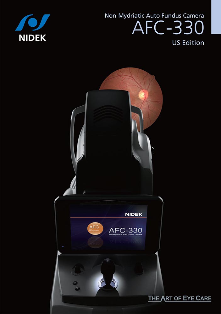 An Image Showcasing The Nidek Afc-330 Non-Mydriatic Auto Fundus Camera (Us Edition). The Camera'S Screen Displays &Quot;Afc-330&Quot; And It Is Set Against A Black Background Featuring An Eye'S Fundus. The Product Tagline, &Quot;The Art Of Eye Care,&Quot; Emphasizes Nidek'S Commitment To Advanced Eye Care Solutions.