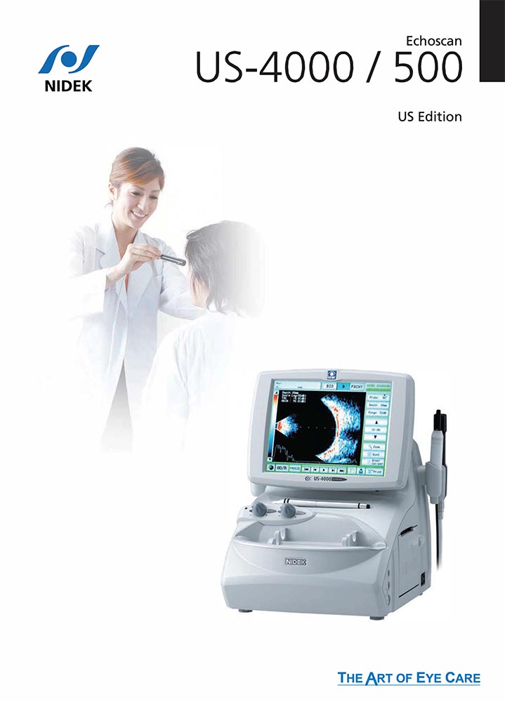 A Doctor Uses A Handheld Device To Examine A Patient'S Ear. Next To Them Is An Image Of The Nidek Us-4000/500 Echoscan, Featuring A Screen Displaying A Detailed Eye Scan. The Text Reads, &Quot;Nidek Us-4000/500 Echoscan Us Edition&Quot; And &Quot;The Art Of Eye Care.