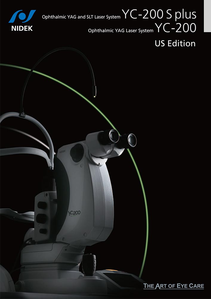 The Image Shows A Promotional Poster For The Nidek Ophthalmic Yag And Slt Laser System. The Device, Labeled As Yc-200 S Plus And Yc-200 Us Edition, Is Featured Prominently. Text At The Bottom Reads, &Quot;The Art Of Eye Care.&Quot; The Background Is Black.