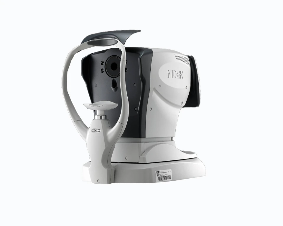 The Nidek Eye Examination Machine Features A Sleek Gray And White Design, Complete With A Chin Rest And Curved Head Support. Ideal For Optometric Assessments And Refractions, It Boasts A Modern Appearance With Various Knobs And Indicators.
