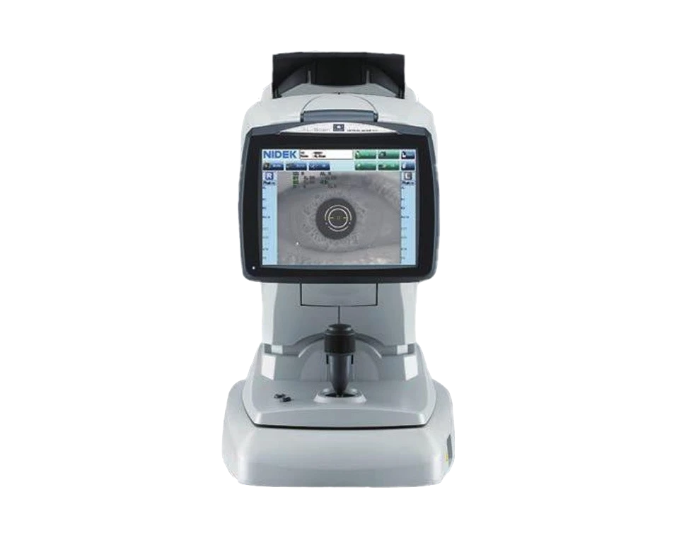A Nidek Ophthalmic Diagnostic Device With A Screen Displaying An Eye Image For Analysis. The Machine Features A Built-In Monitor, Control Buttons, And An Eyepiece For Patient Examination. The Body Is Primarily White With A Sleek, Functional Design.