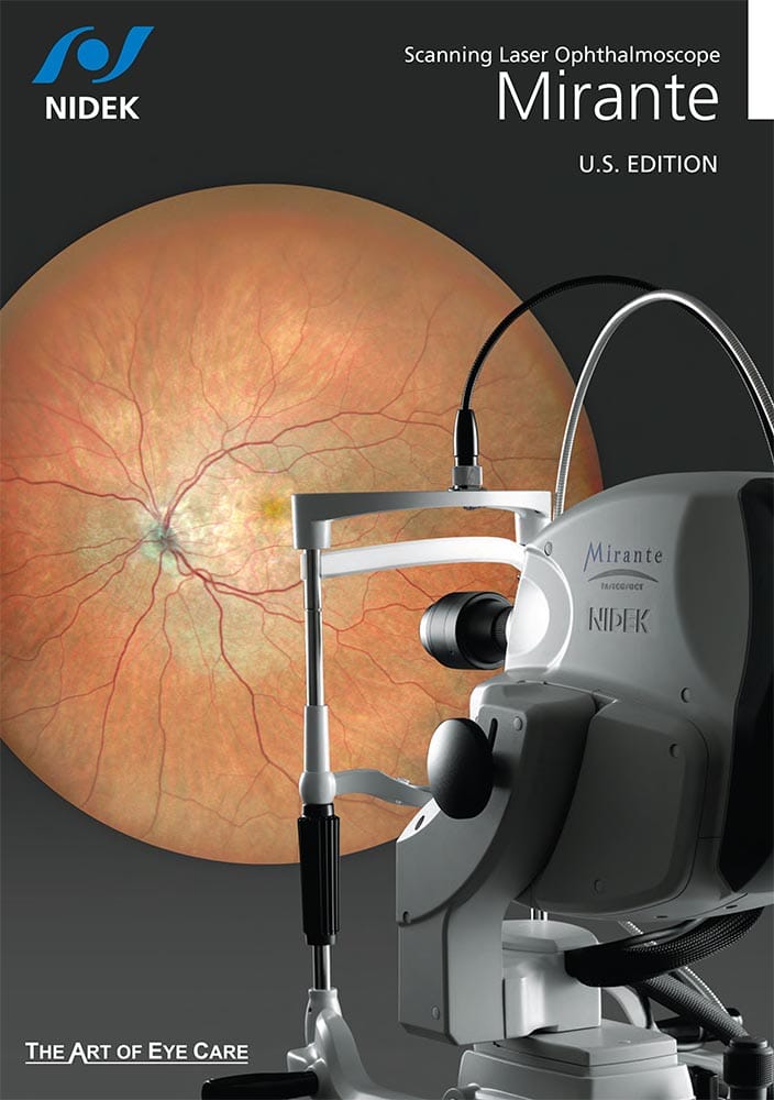 A Cover Image Of The U.s. Edition Brochure For The Nidek Mirante Scanning Laser Ophthalmoscope. The Device Stands Prominently In The Foreground, With A Detailed Scan Of An Eye'S Retina In The Background. Adorning The Cover Are The Taglines &Quot;Nidek&Quot; And &Quot;The Art Of Eye Care.