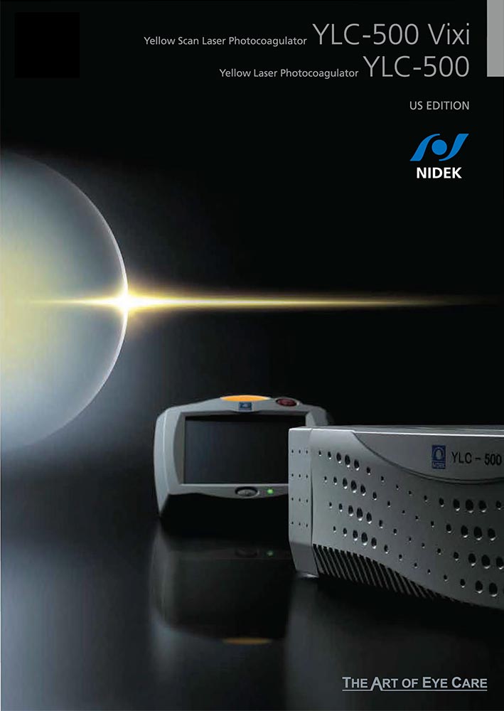 The Image Displays A Promotional Poster For Nidek'S Yellow Scan Laser Photocoagulator, Highlighting Models Ylc-500 Vixi And Ylc-500. The Elegant Background Gradient Includes A Bright Light Source On The Left, With The Slogan &Quot;The Art Of Eye Care&Quot; At The Bottom. The Nidek Logo Is Prominently Featured.
