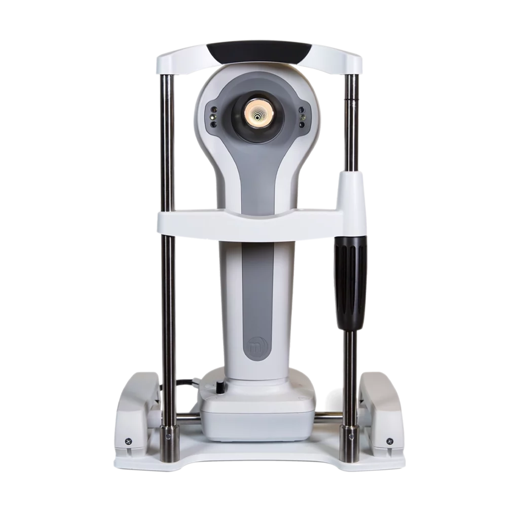 A Front View Of The Nidek Ophthalmic Diagnostic Device, Primarily White With Silver And Black Accents. It Features A Central Lens Or Camera, And Multiple Support Bars. This Device Is Typically Used For Eye Examinations.