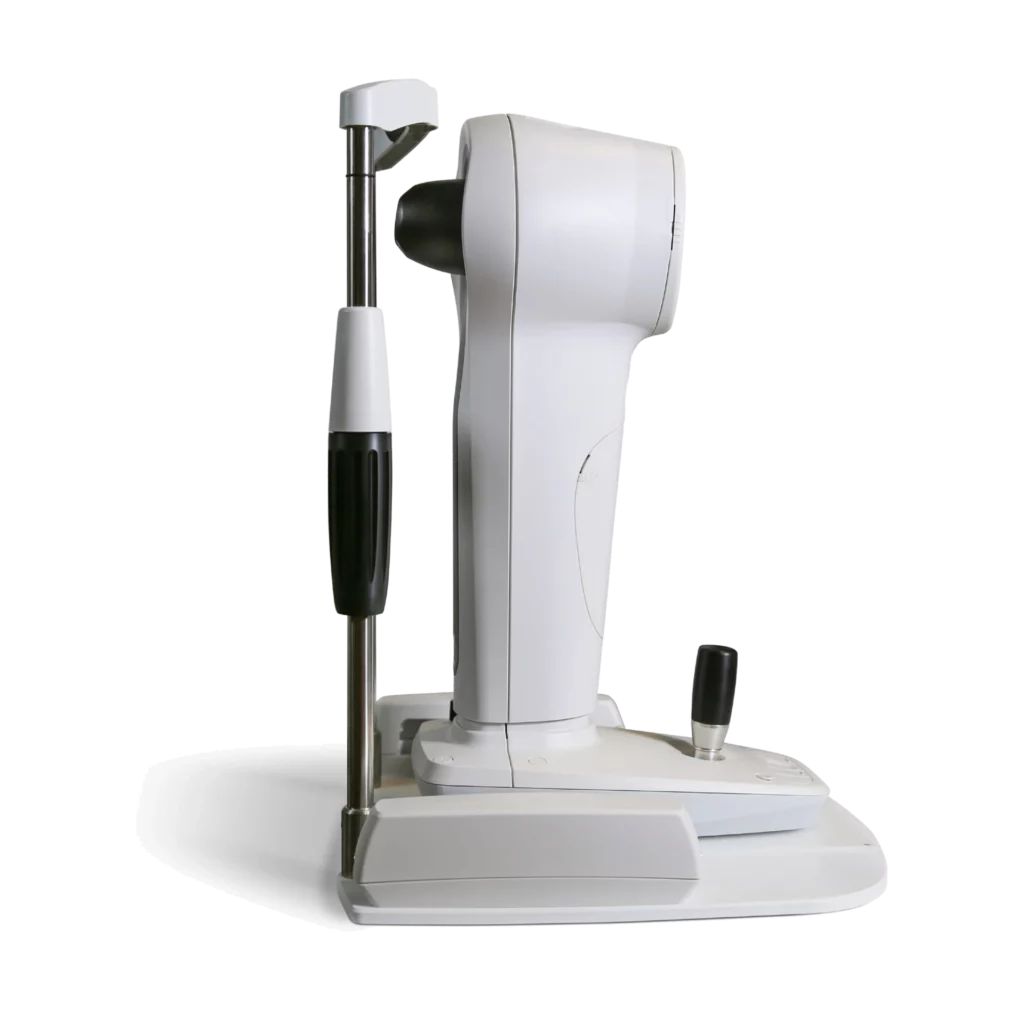 The Nidek Digital Eye Imaging Device Is Used For Ophthalmic Examinations. It Features A White Body, A Stable Base, An Adjustable Arm, And A Camera Unit At The Top For Capturing Detailed Images Of The Eye.