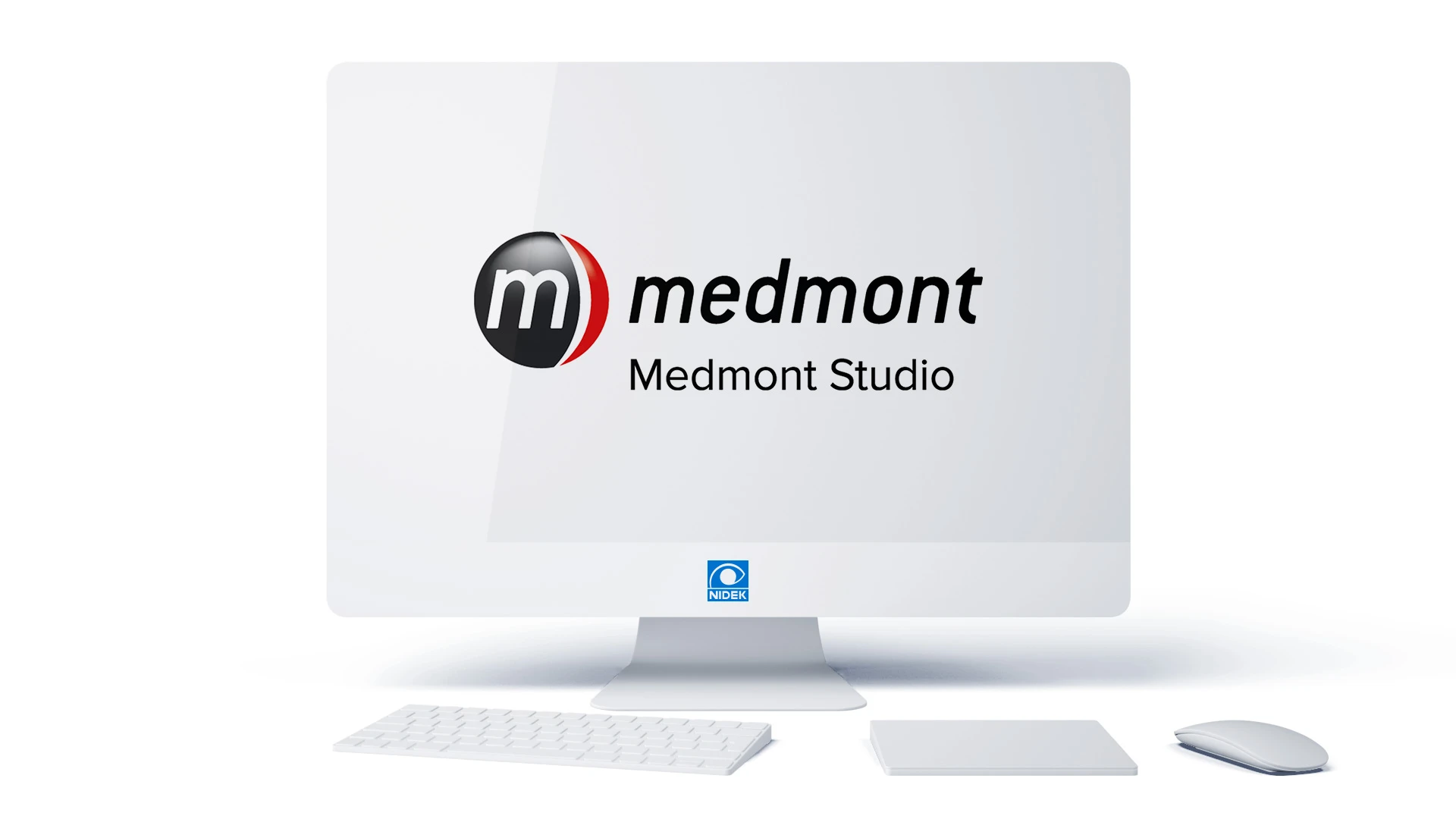 An All-In-One Computer Featuring A White Keyboard, Mouse, And Touchpad. The Screen Prominently Displays The &Quot;Medmont Medmont Studio&Quot; Logo With A Stylized &Quot;M&Quot; Inside A Black Circle, While The Nidek Logo Is Subtly Visible On The Monitor'S Lower Bezel. The Background Is Clean And White.