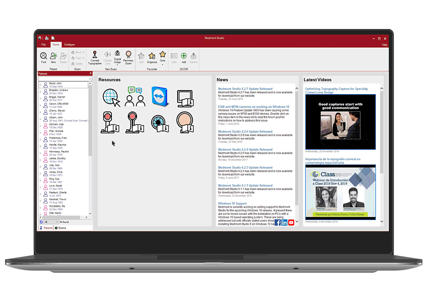 A Laptop Display Showing A Nidek Software Interface With A Red Top Menu Bar. The Screen Is Divided Into Sections: Resources With Icons On The Left, A Central Section Labeled 'News' With Text Updates, And A 'Latest Videos' Section On The Right With Video Thumbnails.