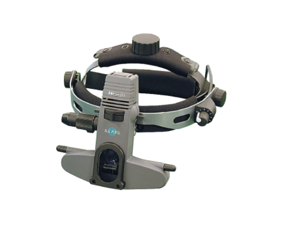 A Head-Mounted Ophthalmic Device Featuring Adjustable Straps, A Light Source, And A Control Knob On Top. The Front Section Includes A Binocular Loupe For Magnified Viewing, Typically Used By Medical Professionals. The Nidek Device Is Mainly Gray With Black Accents.
