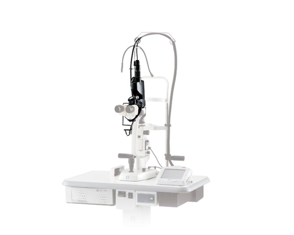 A Medical Device, Likely A Nidek Slit Lamp Biomicroscope, Used For Examining The Human Eye. It Features Adjustable Eyepieces, A Chin Rest For The Patient, And Various Controls Mounted On A White Base With A Digital Display.