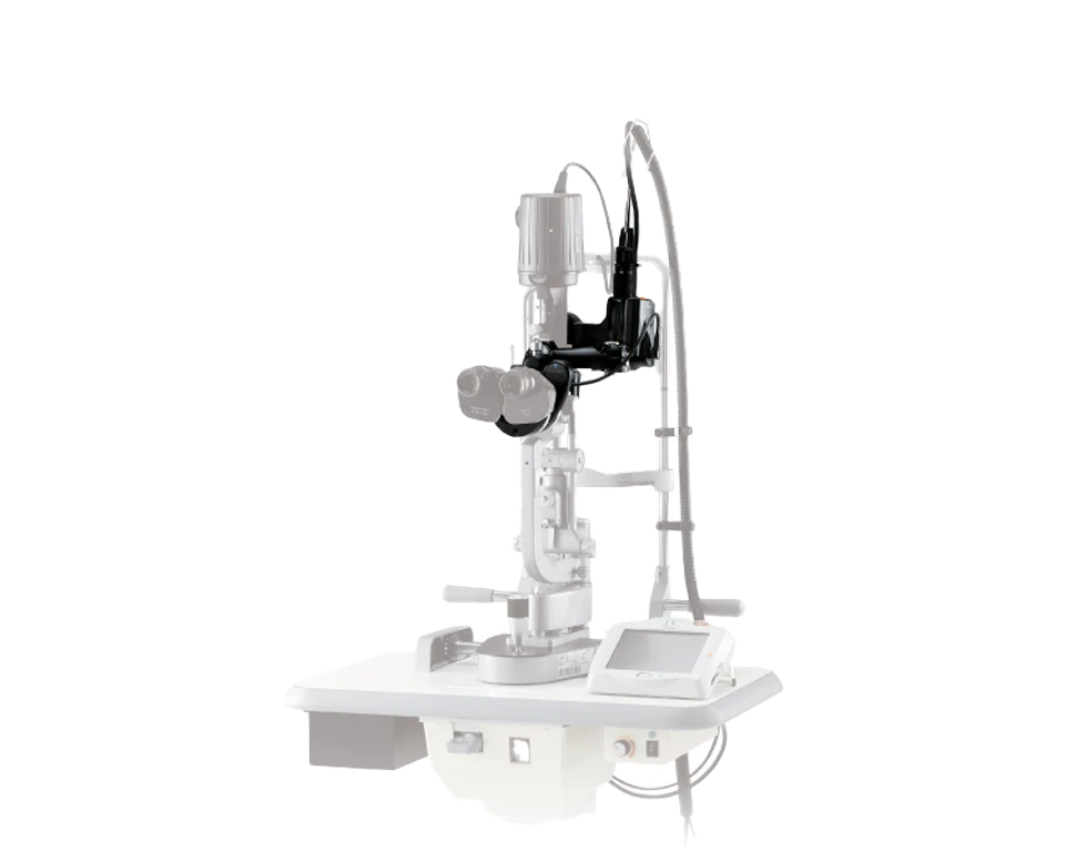 A Modern Nidek Slit Lamp Biomicroscope On A White Background. The Device Includes An Adjustable Light Source, Binocular Eyepieces, And Various Knobs And Dials For Precision Adjustments, Typically Used In Eye Examinations By Optometrists And Ophthalmologists.