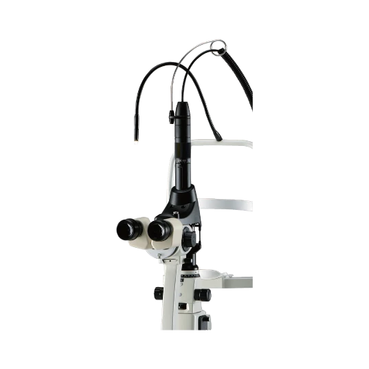A Vertical Image Of A Binocular Microscope With A White And Black Body, Labeled Nidek. The Microscope Features Two Eyepieces, Adjustment Knobs, And Two Flexible Cable-Like Arms Extending From The Top. It Is Isolated Against A Plain White Background.