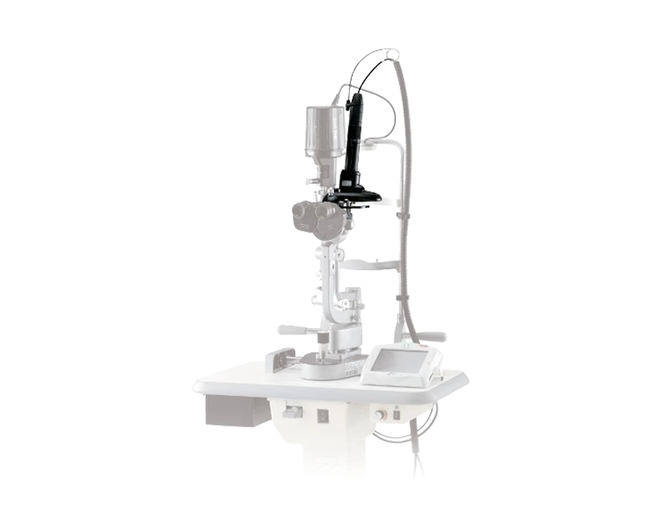 An Ophthalmic Slit Lamp Biomicroscope By Nidek, Designed For Eye Examinations. It Features A Binocular Head For Viewing, A Joystick For Precise Positioning, And An Attached Light Source. It'S Mounted On A Sleek White Platform With Intuitive Controls On The Side.