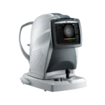 A Nidek Medical Device With A Digital Screen, Used For Eye Examination. The Machine Features Buttons, Knobs, And A Viewing Lens. The Screen Displays An Image Of An Eye, Illustrating Its Use In Ophthalmology For Detailed Eye Analysis Or Diagnostics.