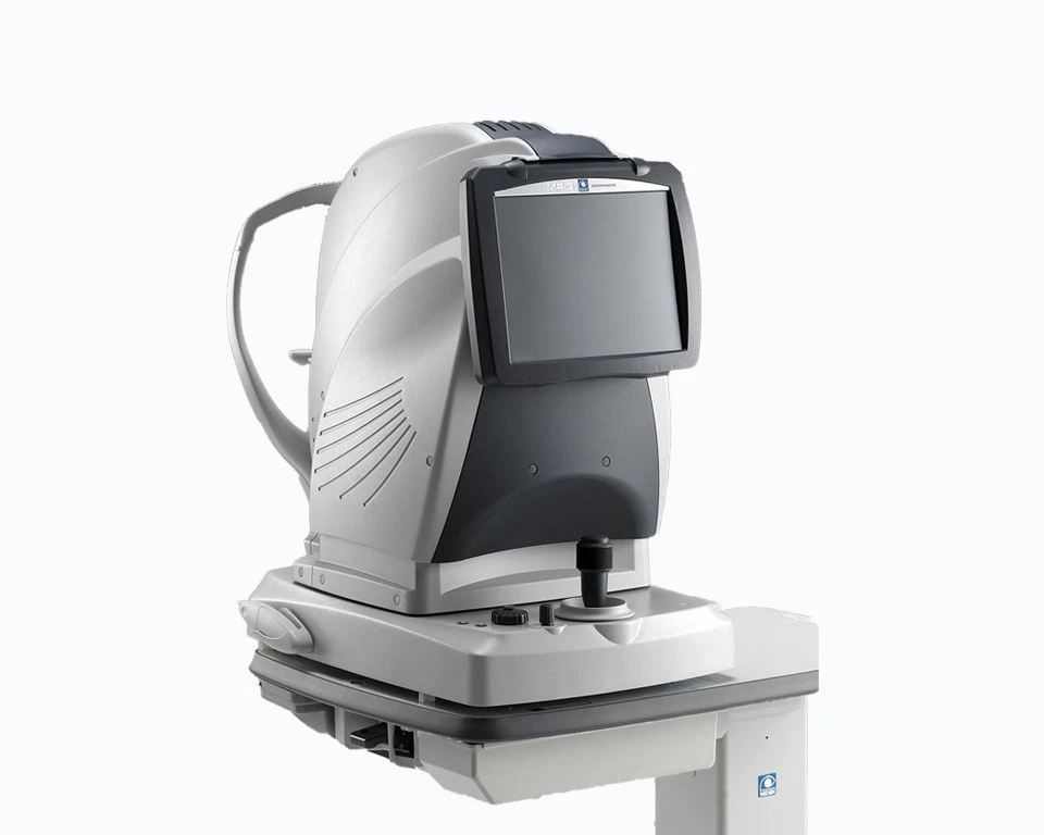 A Sleek, Modern Optical Diagnostic Machine By Nidek Features A Large Display Screen And Various Adjustment Controls, Set On A Sturdy Base. The Device, Likely Used For Eye Examinations Or Imaging, Boasts A Gray And Black Color Scheme With A Minimalist Design.