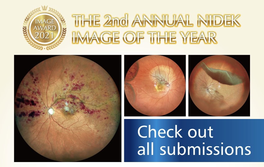 A Promotional Image For The 2Nd Annual Nidek Image Of The Year. It Features A Badge Showing &Quot;Image Award 2021&Quot; And Four Detailed Retinal Images. Below The Images, Text Reads, &Quot;Check Out All Submissions.&Quot; The Background Is Light With Prominent Gold Text.