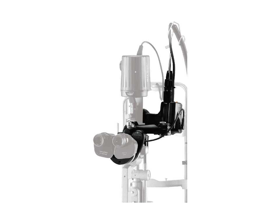 A Black And Grey Nidek Ophthalmic Instrument Used For Eye Examinations, Featuring Binocular Lenses And Various Attachments. It Is Mounted On A Vertical Frame.