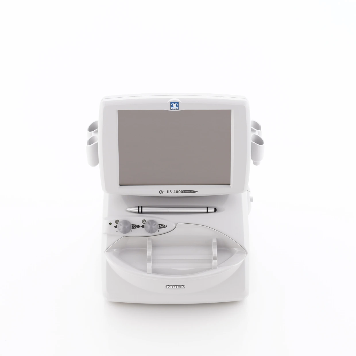 A Nidek Medical Ultrasound Machine With A Screen, Control Buttons, And A Stylus On A White Background. The Device Is Used For Diagnostic Imaging, Typically In A Clinical Setting. The Brand Name &Quot;Nidek&Quot; Is Visible At The Bottom.
