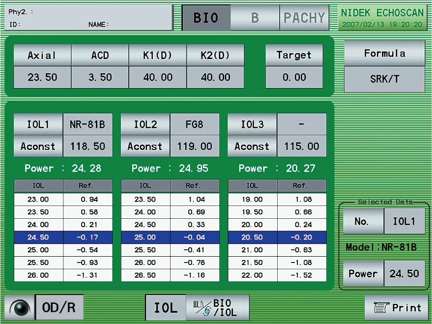 A Nidek Echoscan Medical Device Interface Screen Displaying Various Ophthalmic Measurements And Diagnostic Data, Including Acd, K1D, K2D, Iol Power Values. The Screen Features Configuration Buttons Such As Iol, Bio, And Print For Seamless Operation.