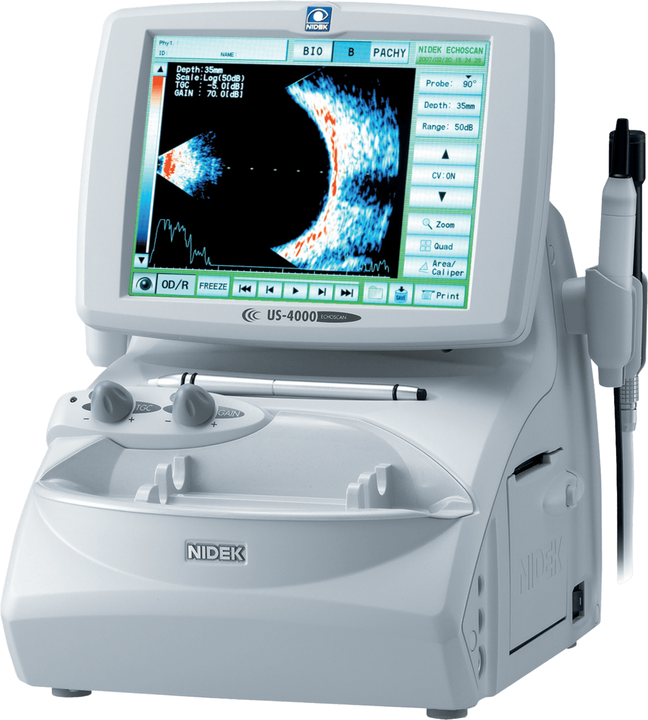 A Nidek Medical Ultrasound Machine Labeled &Quot;Nidek Us-4000 Echograph&Quot; Features A Screen Displaying An Eye Scan. It Has Several Control Knobs, Buttons, And A Connected Probe. The Screen Shows Detailed Imaging With Various Data And Settings.