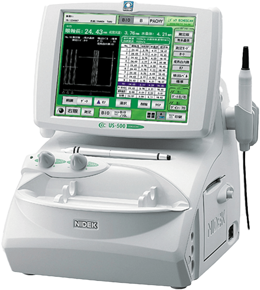 A Medical Device From Nidek, Featuring A Screen Displaying Diagnostic Data And Controls. It Includes Various Buttons, Knobs, And Probes Designed Specifically For Ophthalmic Ultrasound And Biometric Measurements.