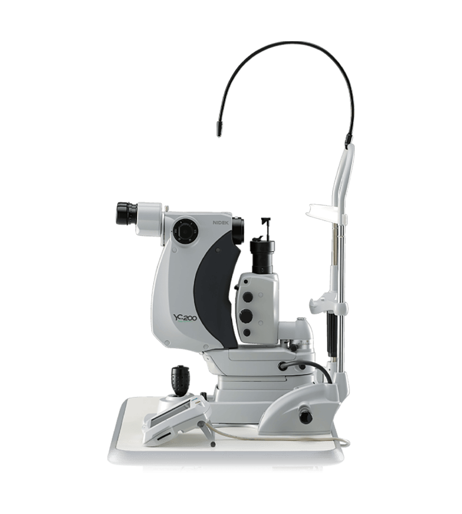 The Nidek Modern Ophthalmic Laser Equipment Is Used For Eye Treatments. The Machine Has A Base With Adjustable Components, An Eyepiece, Control Knobs, And An Attached Flexible Arm. Sleek In Design, It Is Predominantly White And Gray With Black Accents.