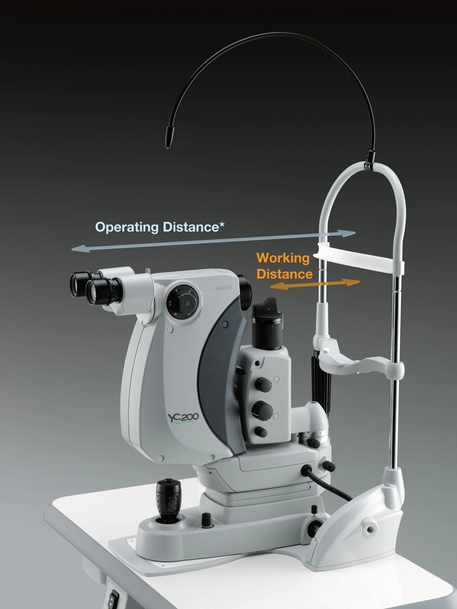 A Medical Device Used For Eye Examinations, Featuring Binocular Lenses And Various Controls. The Image Has Labeled Markers Indicating &Quot;Operating Distance&Quot; And &Quot;Working Distance.&Quot; The Nidek-Labeled Device, Model Xc-200, Is Mounted On A White Surface Against A Dark Background.