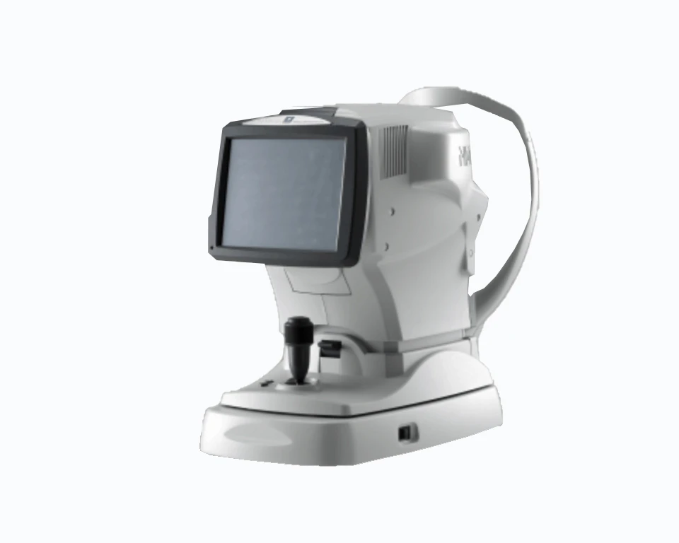 An Image Of A Nidek Ophthalmic Machine Used For Eye Examinations, Featuring A Large Color Display Screen And A Joystick For Adjustments. The Device Is Primarily White And Grey, With A Robust Base For Stability.