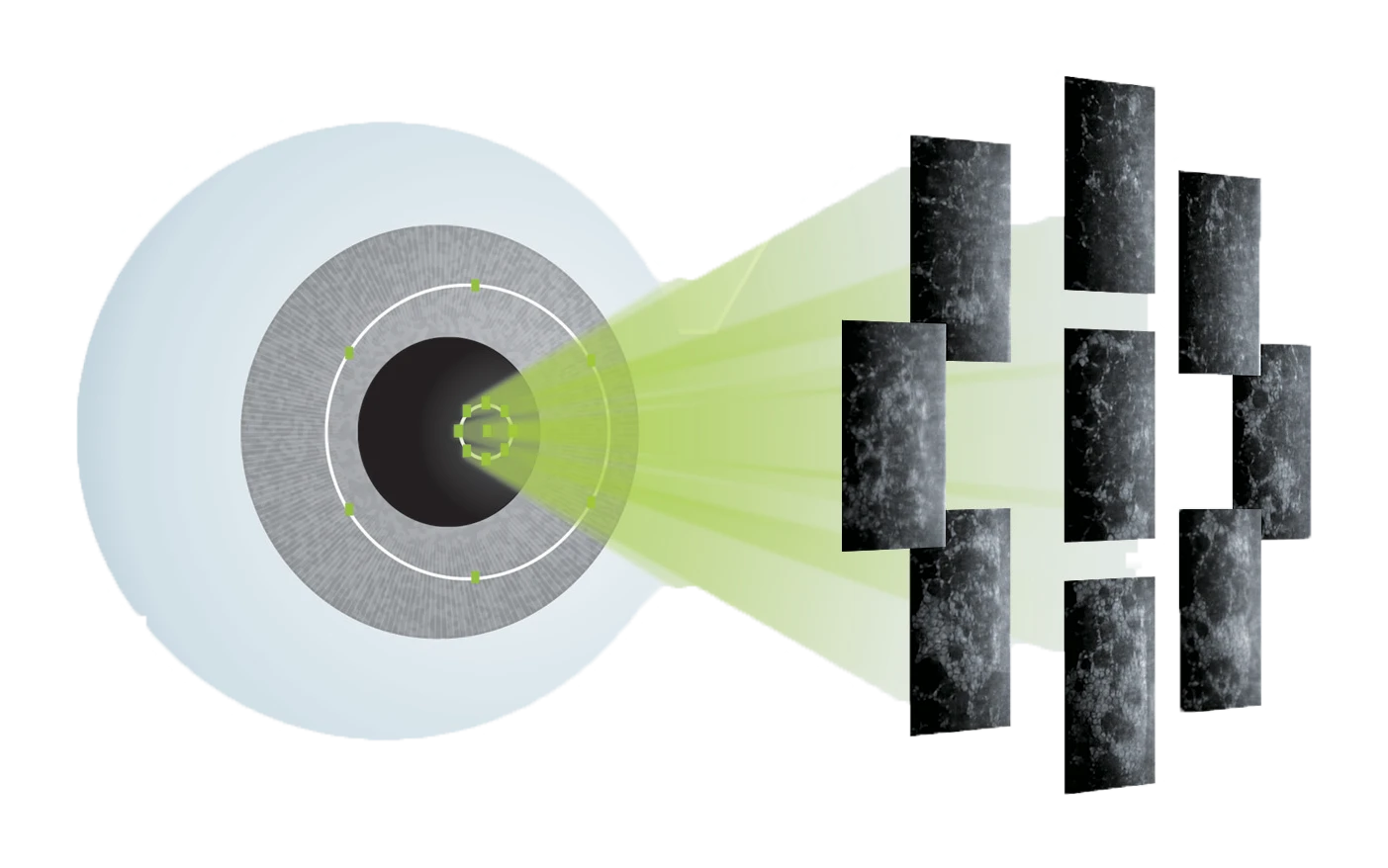 A Diagram Showcasing A Series Of Concentric Circles On The Left Emitting Green Beams Towards Rectangular Panels Branded With Nidek On The Right. The Panels Display Black And White Marbled Textures And Are Arranged In A Staggered, Grid-Like Pattern.