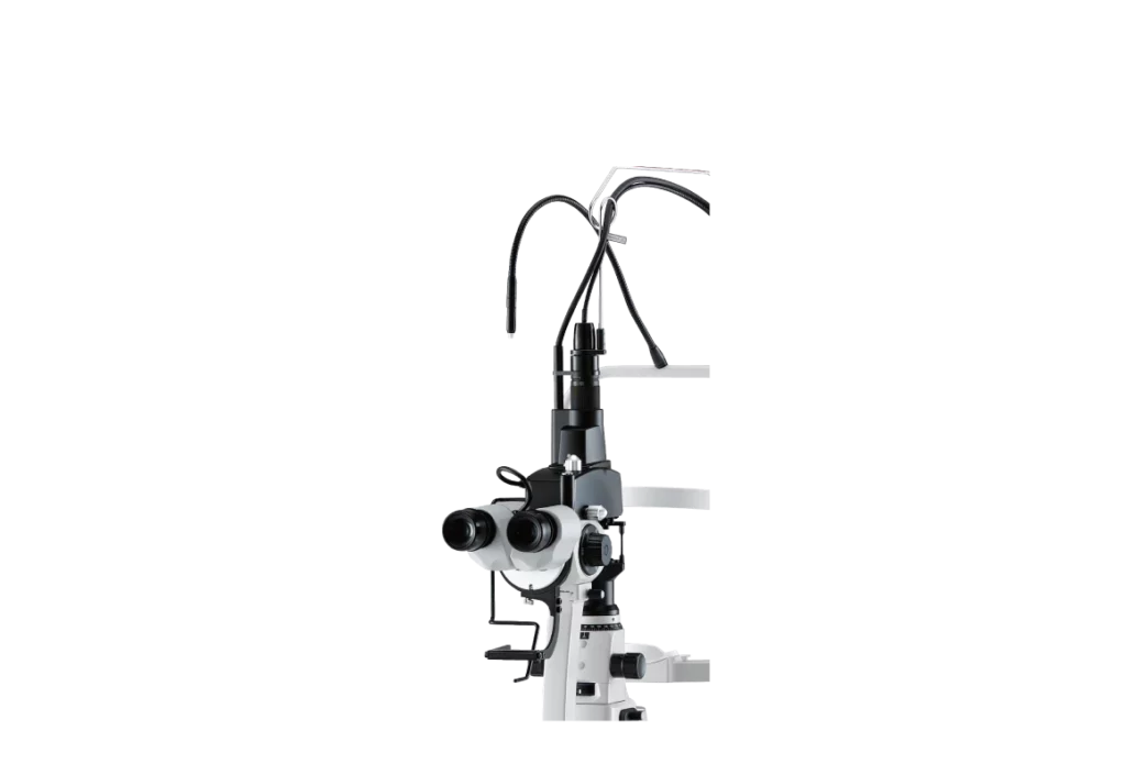 A Sleek, Modern Nidek Biomicroscope With Dual Eyepieces, Attached Lighting System, And Various Adjustable Components, Designed For Detailed Observation And Examination In Medical Or Scientific Contexts.