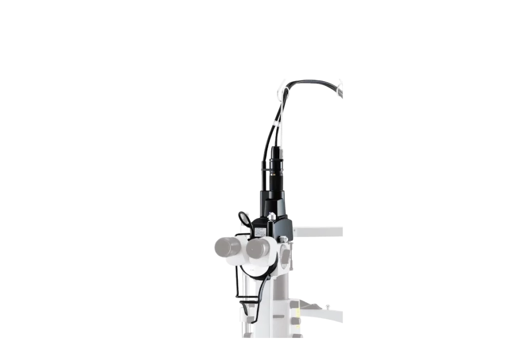 An Advanced Nidek Medical Microscope With Multiple Lenses And Components, Designed For Intricate Surgical Procedures. It Is Predominantly White With Black And Silver Parts, And Includes A Mounted Observation Head On An Adjustable Arm. The Background Is Plain Black.