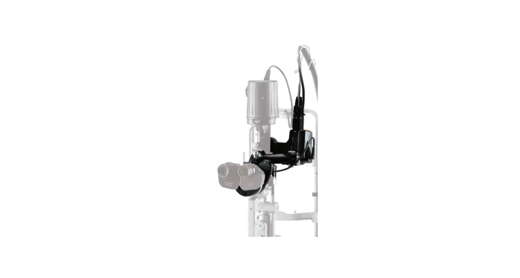 Side View Of An Industrial Robotic Arm Machine Against A Black Background. The Nidek Metallic Arm Has Multiple Joints And Components, Including Wiring And A Cylindrical Section. The Machine Appears To Be Designed For Precision Tasks In A Manufacturing Or Assembly Line.
