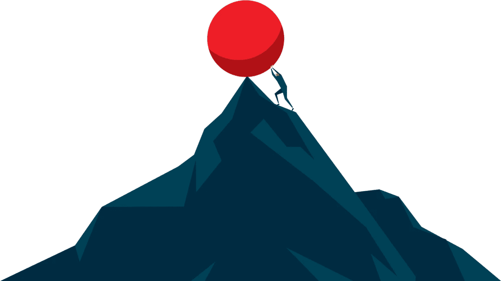 Illustration Of A Person Pushing A Large Red Sphere Up A Steep, Dark Mountain. The Person Is Near The Peak, Demonstrating A Sense Of Struggle Or Effort. The Background Is Plain And Green, Emphasizing The Mountainous Challenge And The Task At Hand, Much Like Nidek Pushing Boundaries In Technology.
