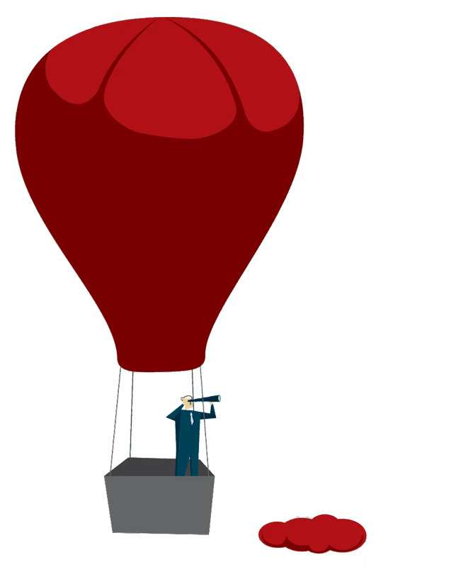 Illustration Of A Person In A Red Hot Air Balloon Ascending Into The Sky, Holding Up Nidek Binoculars. Below The Balloon, Red Clouds Are Depicted. The Background Is Transparent.