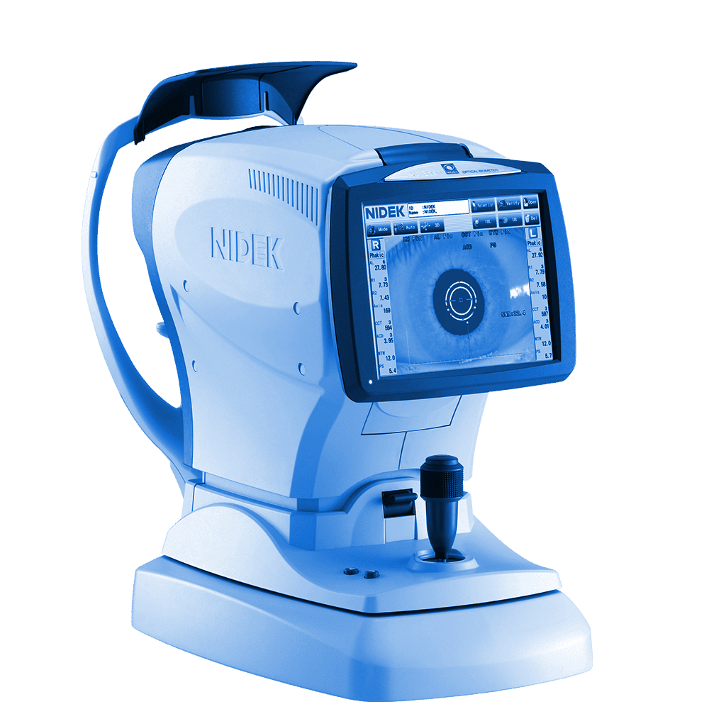 A High-Tech Nidek Ophthalmic Device With A Digital Screen Displaying An Eye'S Corneal Topography. The Mainly Blue And White Unit Features Various Buttons And A Handle For Adjustments, Making It Perfect For Examining And Diagnosing Eye Conditions.