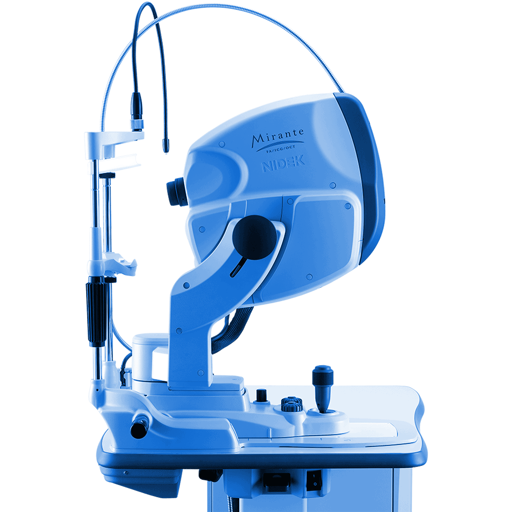 An Advanced Eye Examination Device Labeled &Quot;Mirante&Quot; By Nidek, Featuring A Chin Rest, Head Bracket, And Adjustable Components For Detailed Ocular Imaging And Diagnostics. The Device Boasts A Sleek, Modern Design In Shades Of White And Blue.