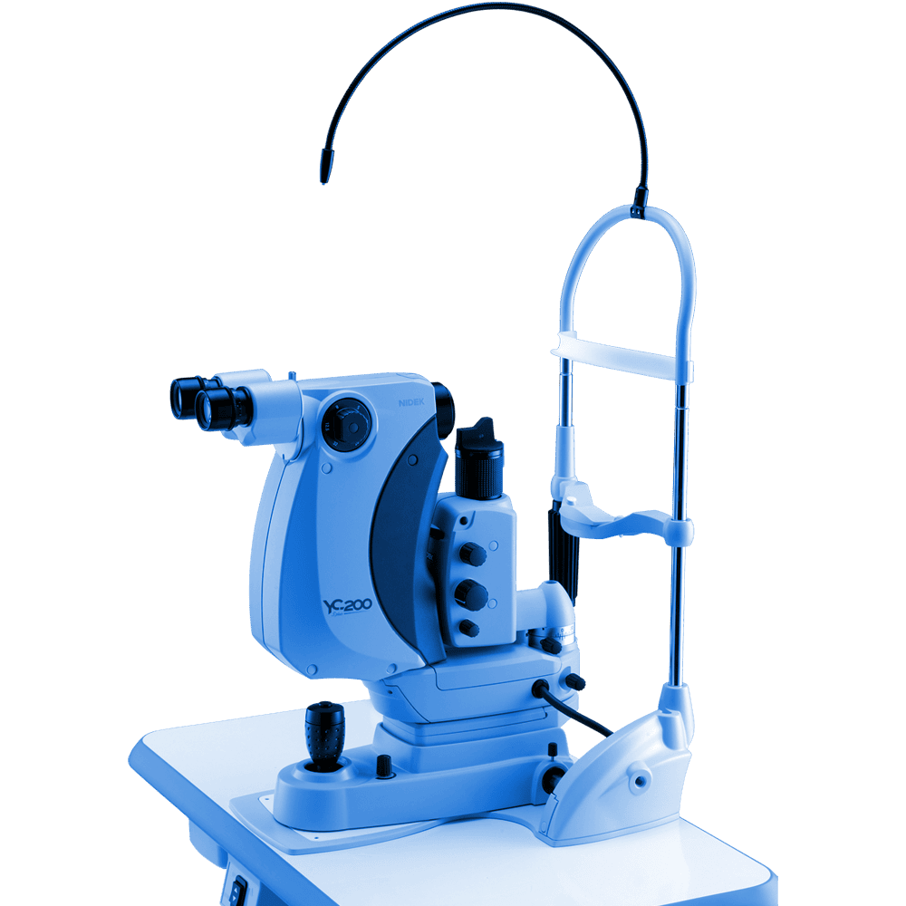 A Blue-Colored Ophthalmic Equipment, Possibly A Nidek Laser Photocoagulator Or Similar Device, Is Shown On A White Base. It Features A Binocular Scope, Control Knobs, And An Adjustable Support Frame, Commonly Used For Detailed Eye Examinations And Treatments.