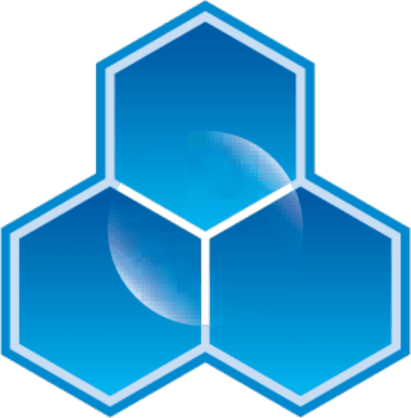 A Logo With Three Connected Blue Hexagons Forming A Triangular Pattern. The Hexagons, Representative Of Nidek'S Innovative Spirit, Have A Gradient Fill With A Subtle Crescent Moon Shape Visible In The Middle One. Each Hexagon Has A Thin White Outline And An Even Thinner Blue Border.