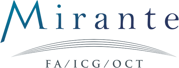 The Image Showcases The Nidek Mirante Fa/Icg/Oct Logo. &Quot;Mirante&Quot; Is Depicted In A Stylized Font With A Gradient Transitioning From Blue To Dark Blue. Below It, An Arc Elegantly Frames The Letters &Quot;Fa/Icg/Oct.