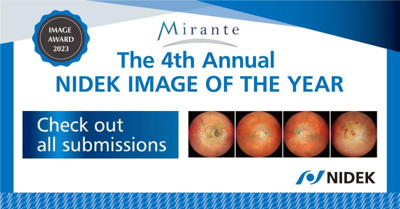 Banner For The 4Th Annual Nidek Image Of The Year Contest. Text Includes &Quot;Image Award 2023,&Quot; &Quot;Mirante,&Quot; &Quot;Check Out All Submissions,&Quot; And &Quot;Nidek.&Quot; There Are Five Retinal Images Showcased. Nidek Logo Is At The Bottom Right. Background Has A Blue And White Color Scheme.