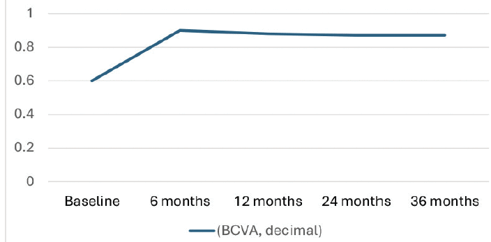 A Line Graph Shows Bcva (In Decimal) Over Time. The X-Axis Is Labeled &Quot;Baseline,&Quot; &Quot;6 Months,&Quot; &Quot;12 Months,&Quot; &Quot;24 Months,&Quot; And &Quot;36 Months.&Quot; The Y-Axis Ranges From 0 To 1. The Bcva Increases From Baseline To 6 Months, Then Remains Stable Up To 36 Months.