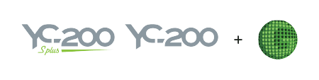 Image Showing Two Logos Side By Side. The First Logo Reads &Quot;Yc-200 Plus&Quot; In Grey Text With A Green Underline Under 'Plus'. The Second Logo Reads &Quot;Yc-200&Quot; In The Same Grey Text. To The Right Of The Logos Is An Image Of A Green Spherical Object With A Grid Pattern.