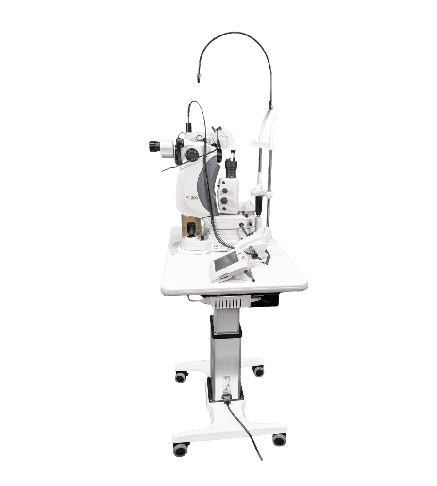 A White Ophthalmic Slit Lamp Machine On A Wheeled Base. The Device Includes A Binocular Microscope, A Chin Rest For Patients, And Various Control Knobs. It Is Equipped With A Flexible Light Source And Is Used For Eye Examinations By Specialists.