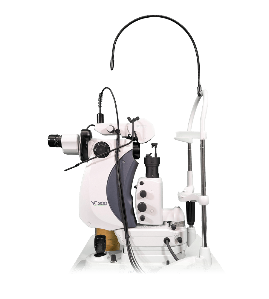 A Modern White And Gray Ophthalmic Laser Machine, Model Yc-200, Equipped With Various Adjustment Knobs, A Viewing Scope, And Flexible Cables, Designed For Eye Treatments. It Is Mounted On A White Base With Additional Attachments And Instruments Visible.