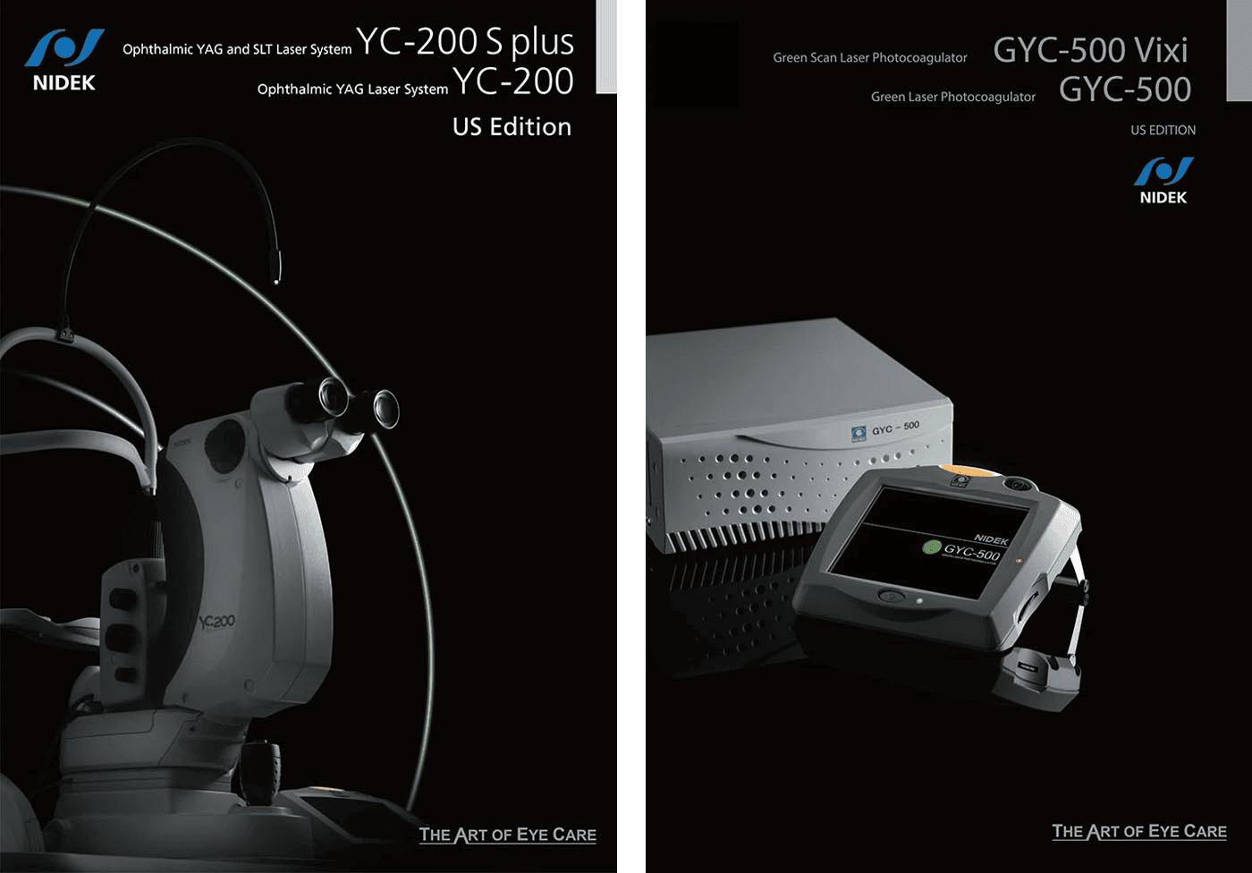 The Image Shows Two Medical Devices From Nidek: The Yc-200 S Plus/Yc-200 Ophthalmic Yag Laser System (Left) And The Gyc-500 Vixi/Gyc-500 Green Laser Photocoagulator (Right). Both Devices Are Presented Against Dark Backgrounds With Reflective Surfaces.